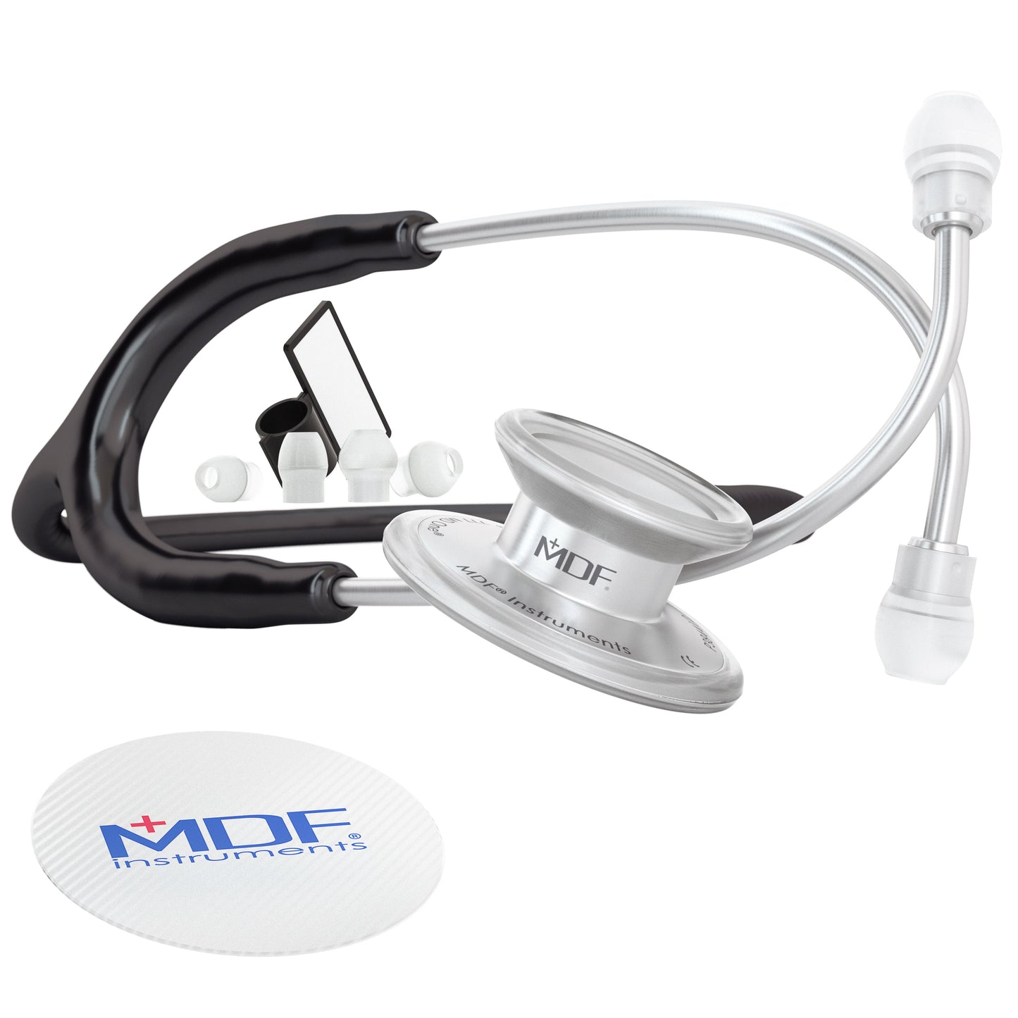 Black MD One® adult stethoscope by MDF Instruments with flexible tubing and earpieces, used for medical auscultation.