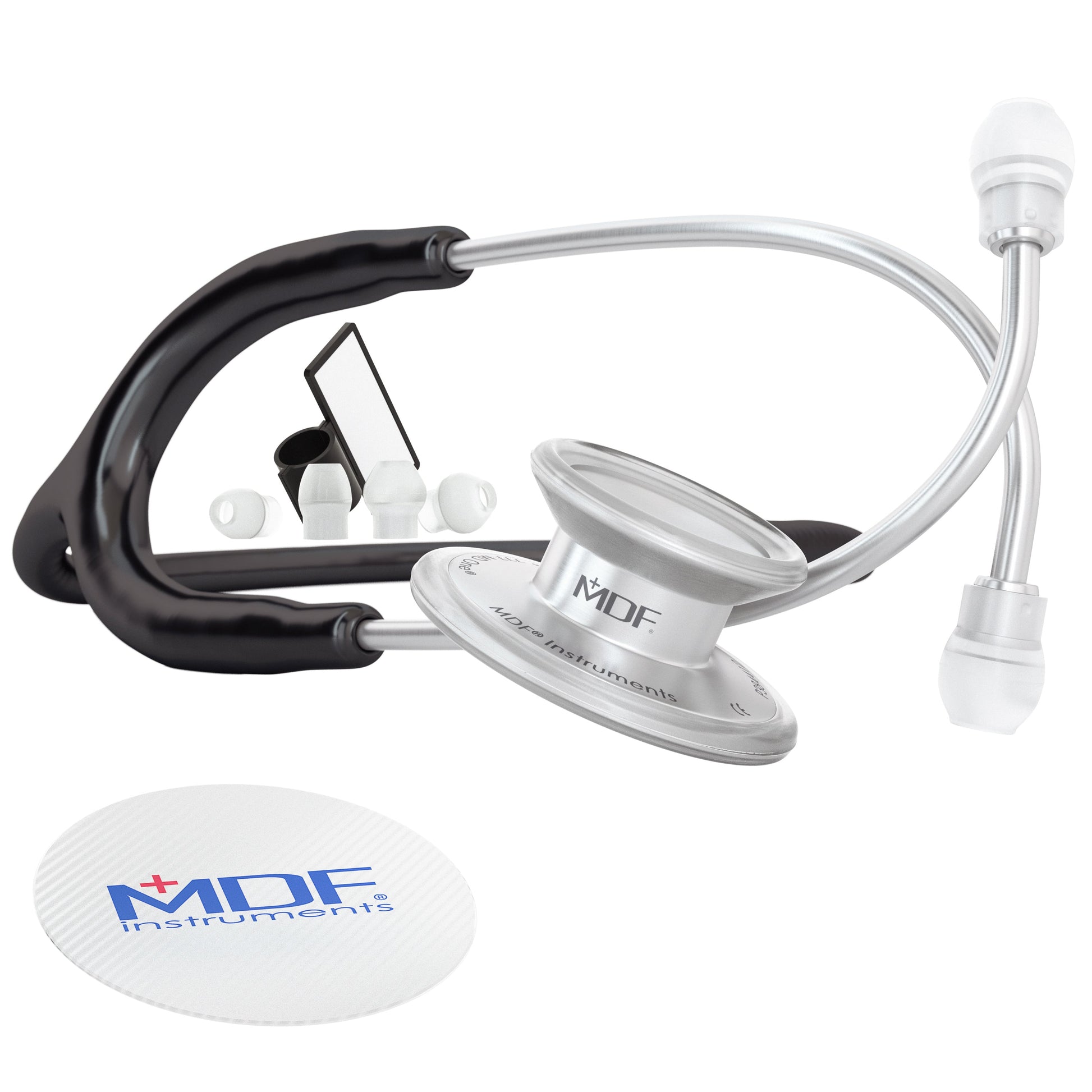 Black MD One® adult stethoscope by MDF Instruments with flexible tubing and earpieces, used for medical auscultation.