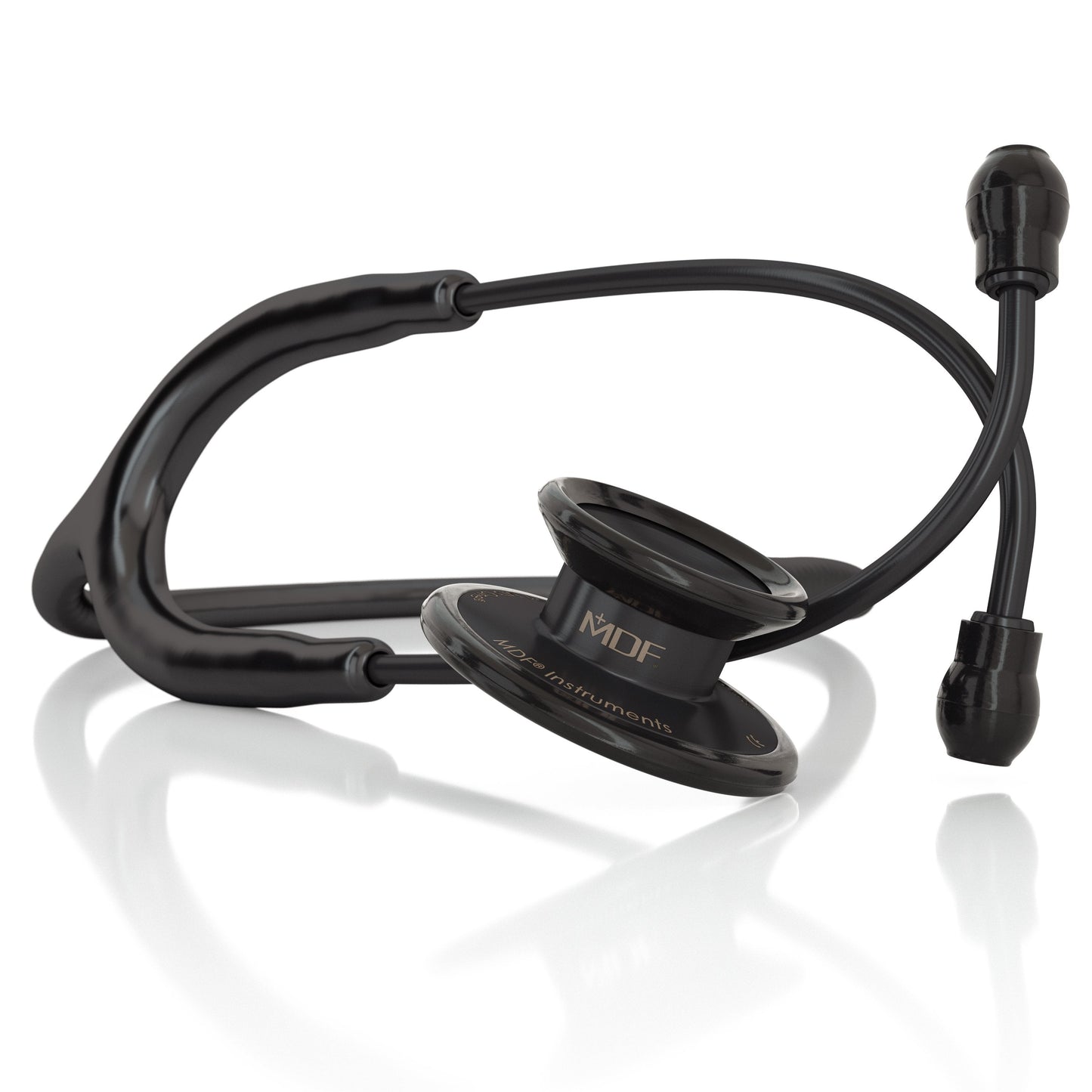 MD One® adult stethoscope in black and blackOut color by MDF Instruments, showing the chest piece and flexible tubing.