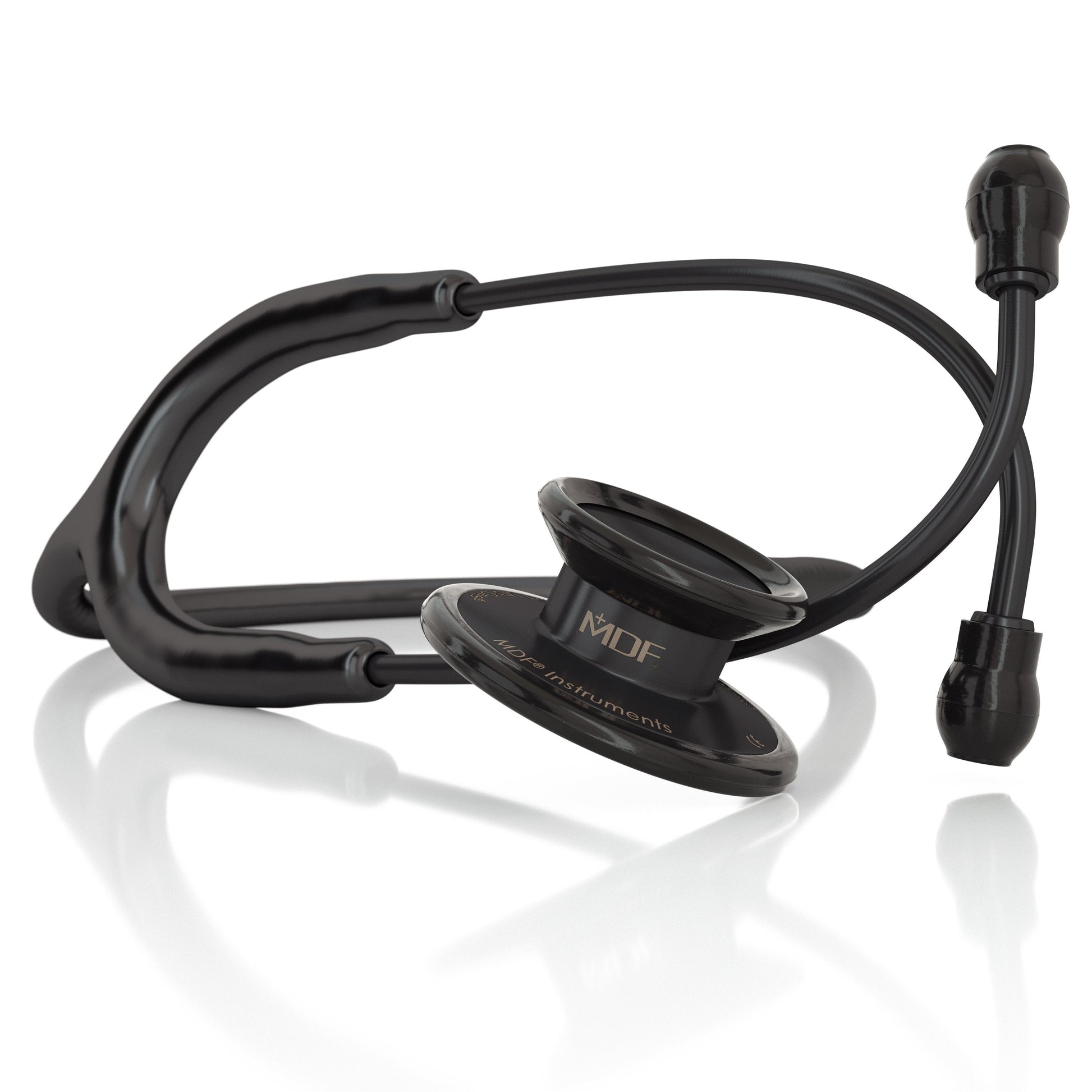MD One® adult stethoscope in black and blackOut color by MDF Instruments, showing the chest piece and flexible tubing.