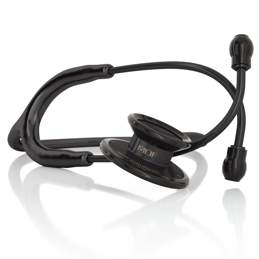 MD One® adult stethoscope in black and blackOut color by MDF Instruments, showing the chest piece and flexible tubing.