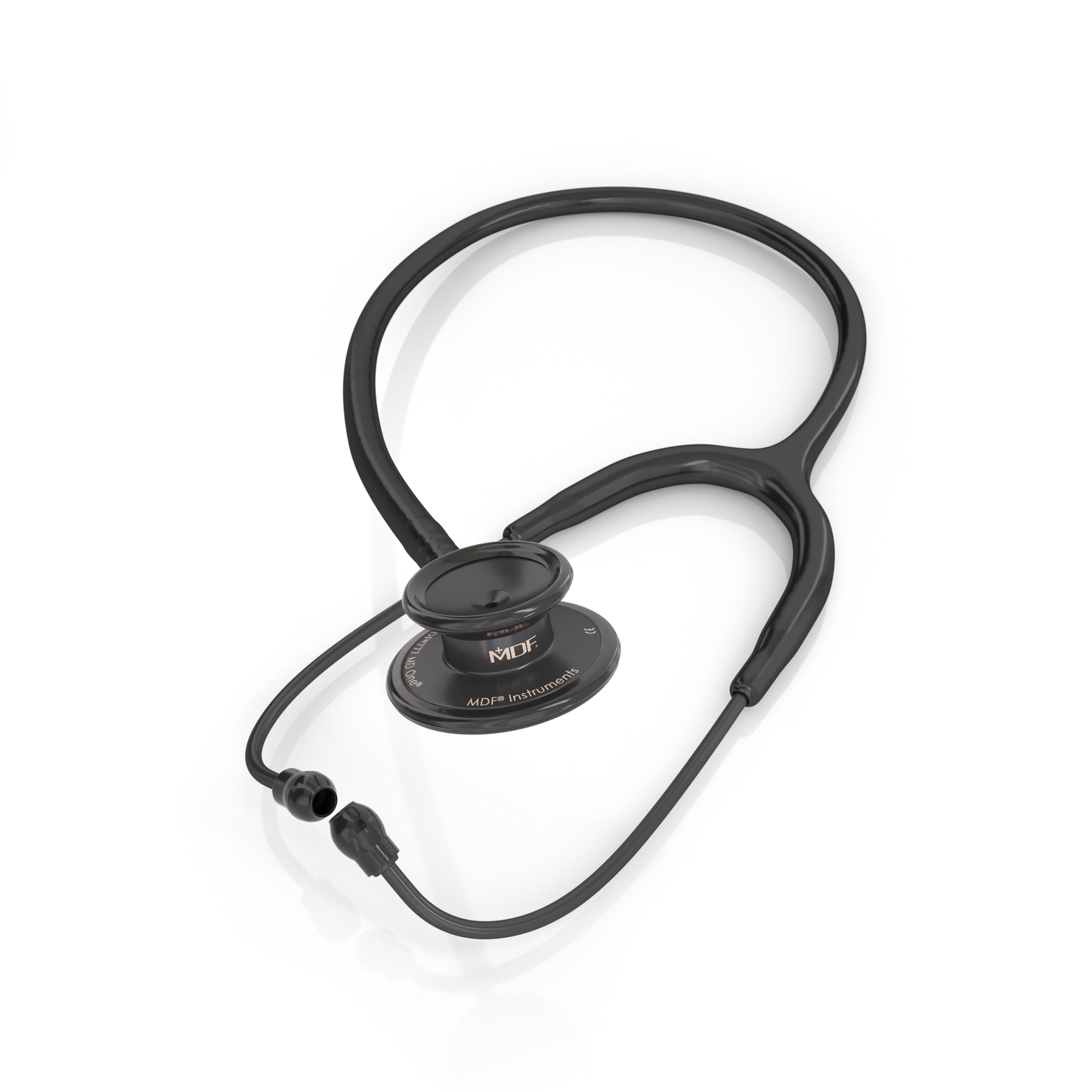 Black MDF Instruments MD One® adult stethoscope with black tubing and chest piece, designed for medical professionals.