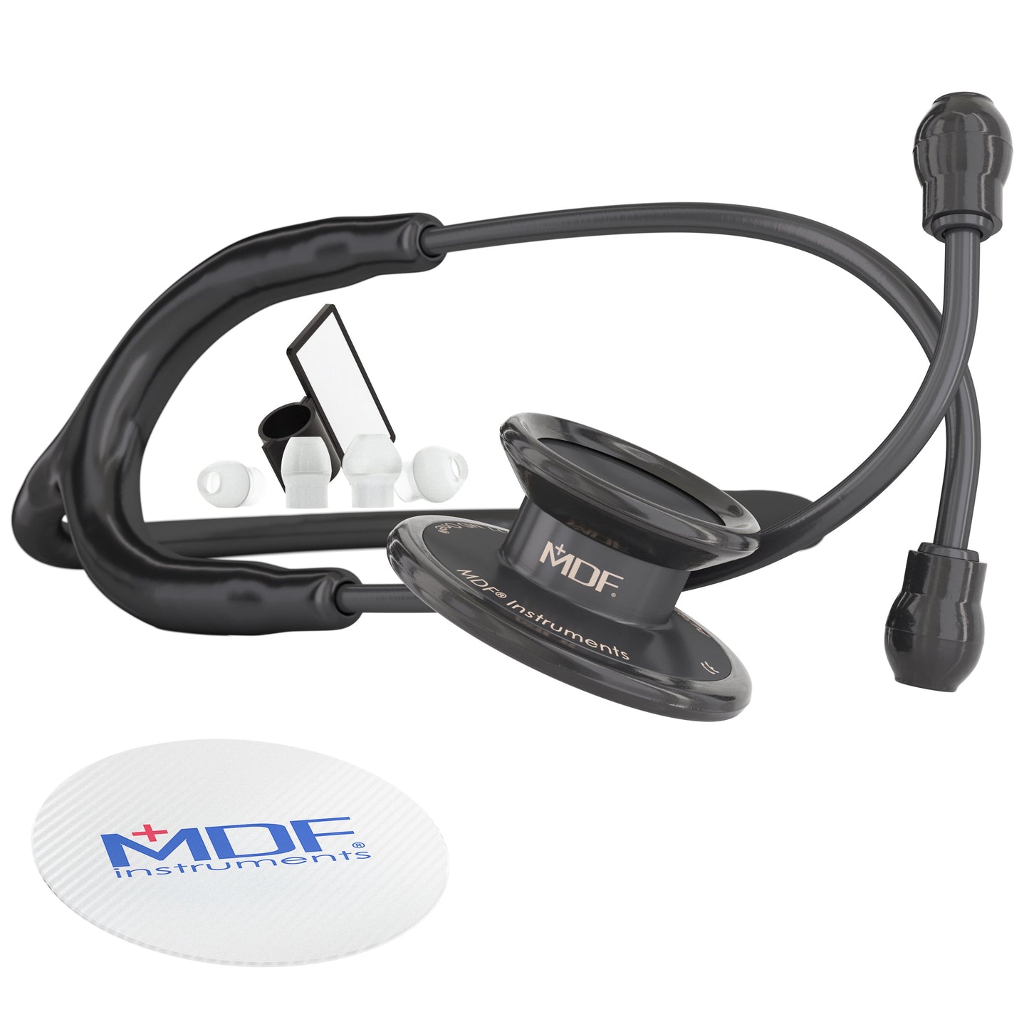 MD One® adult stethoscope by MDF Instruments in black and blackout design, with flexible tubing and dual-sided chest piece.