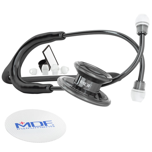 Black and Perla Noire MD One adult stethoscope by MDF Instruments with flexible tubing and dual-head chest piece.