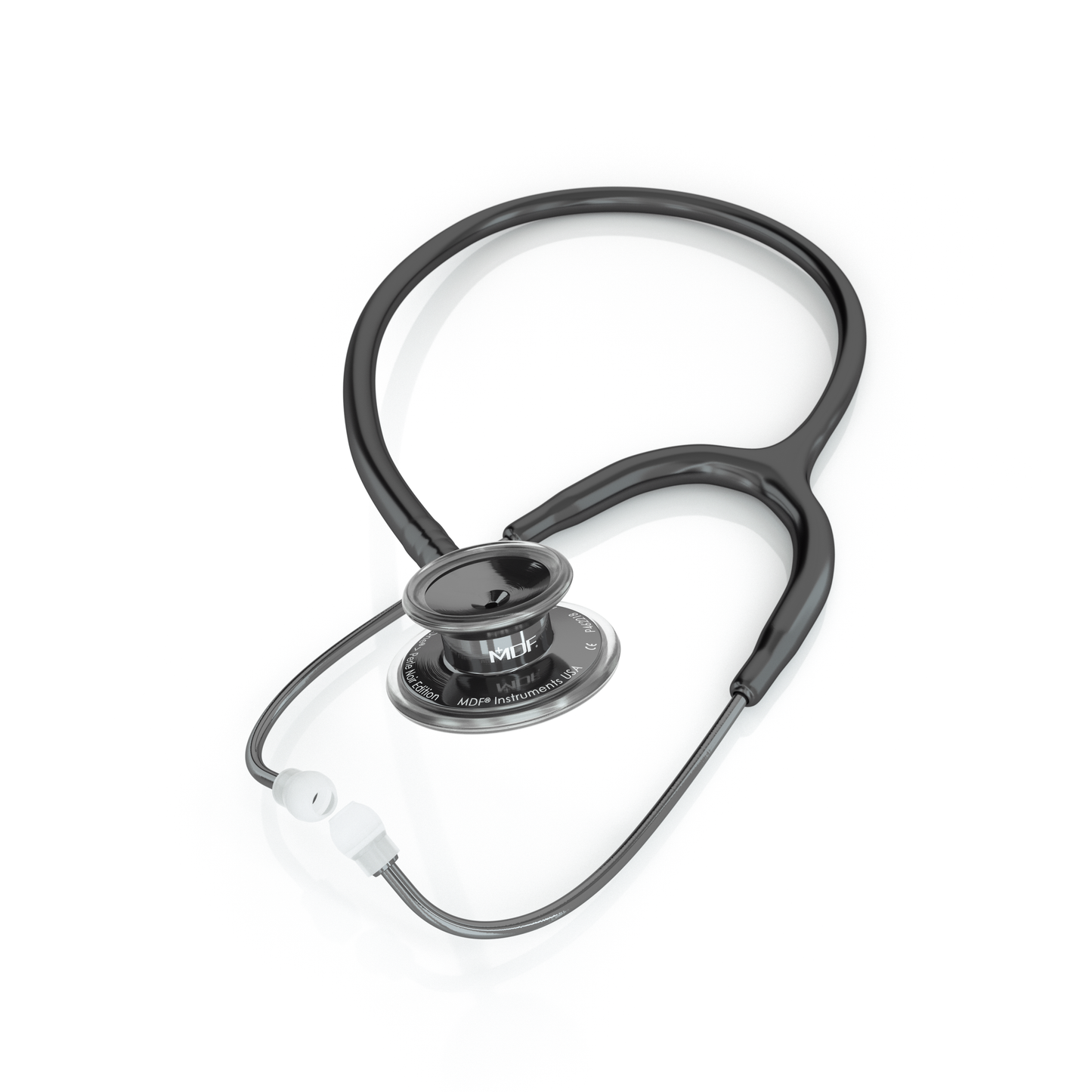 Black MD One® adult stethoscope by MDF Instruments with Perla Noire tubing, featuring dual head chest piece and comfortable earpieces.