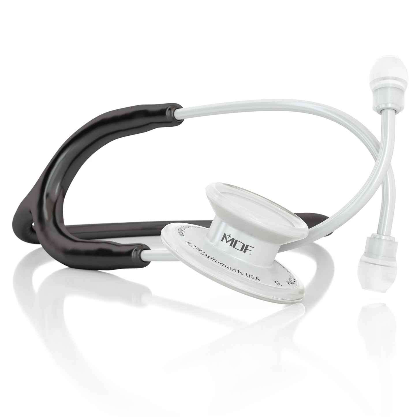 MD One® adult stethoscope in black and white from MDF Instruments, featuring flexible tubing and dual-head chest piece.