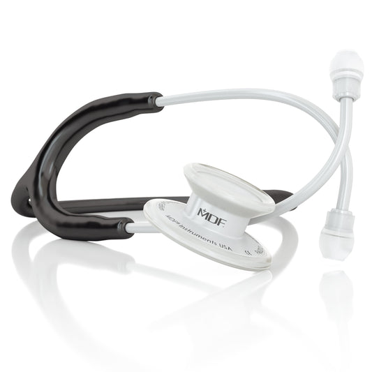 MD One® adult stethoscope in black and white from MDF Instruments, featuring flexible tubing and dual-head chest piece.