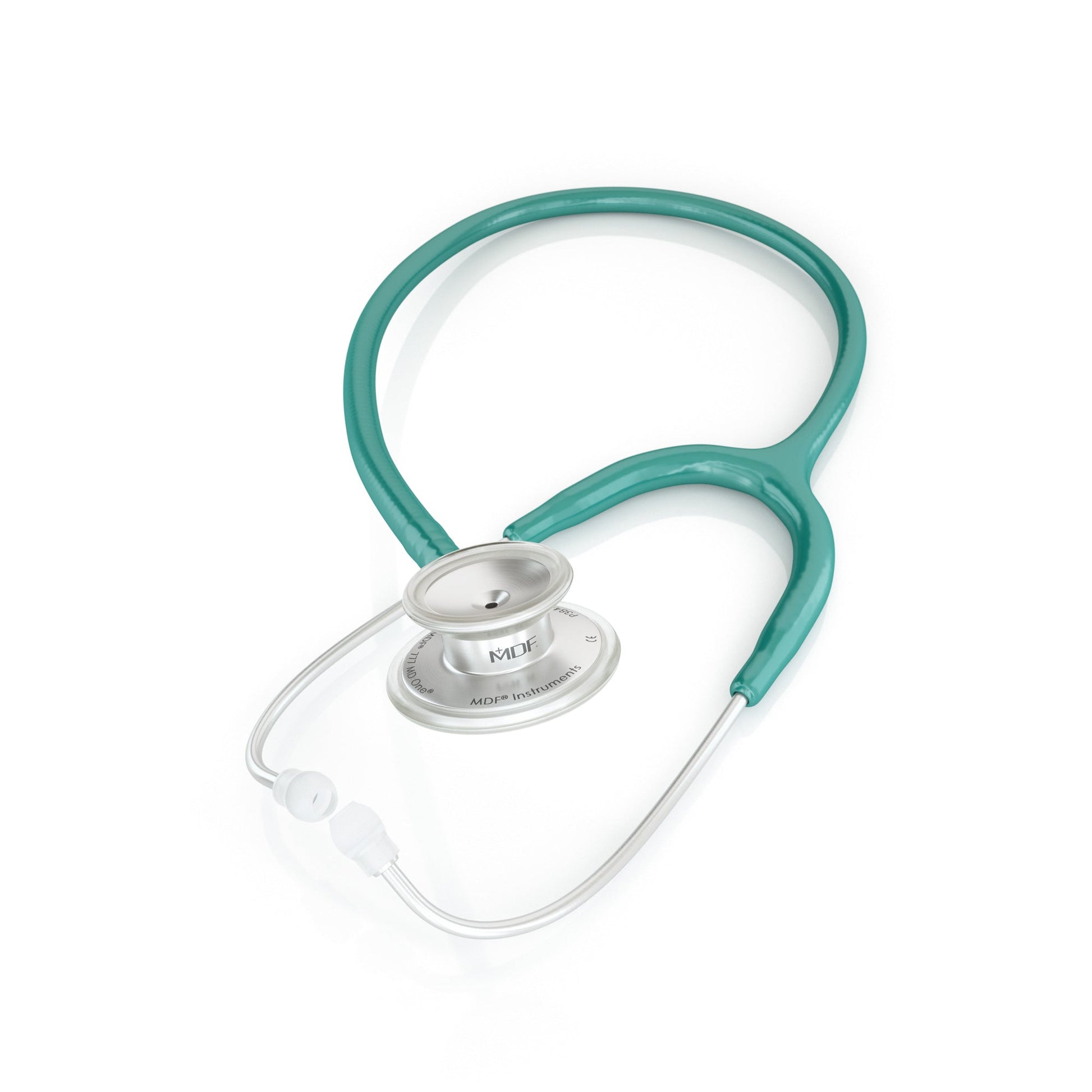 Green MD One® adult stethoscope by MDF Instruments with silver accents, featuring flexible tubing and adjustable ear tips.