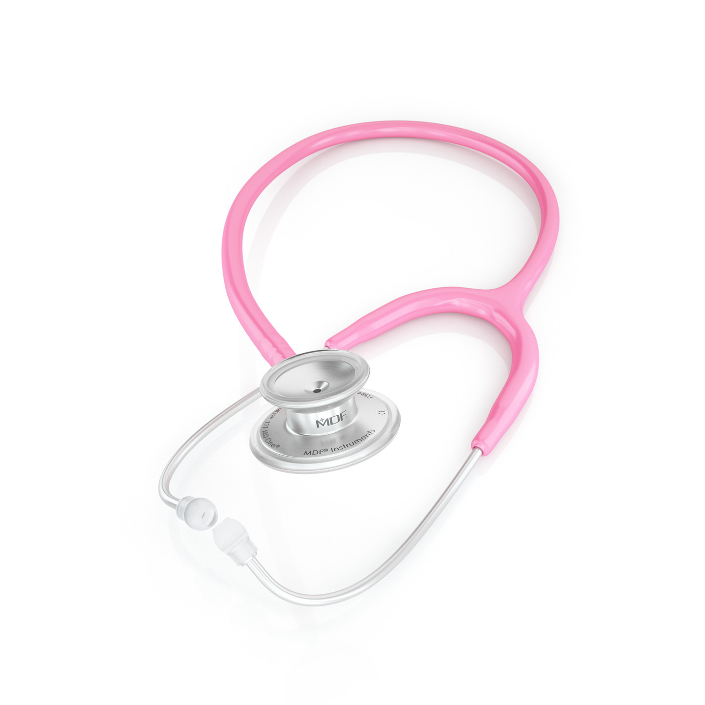 Pink MD One® Adult Stethoscope by MDF Instruments with flexible tubing and dual-sided chest piece, designed for medical professionals.
