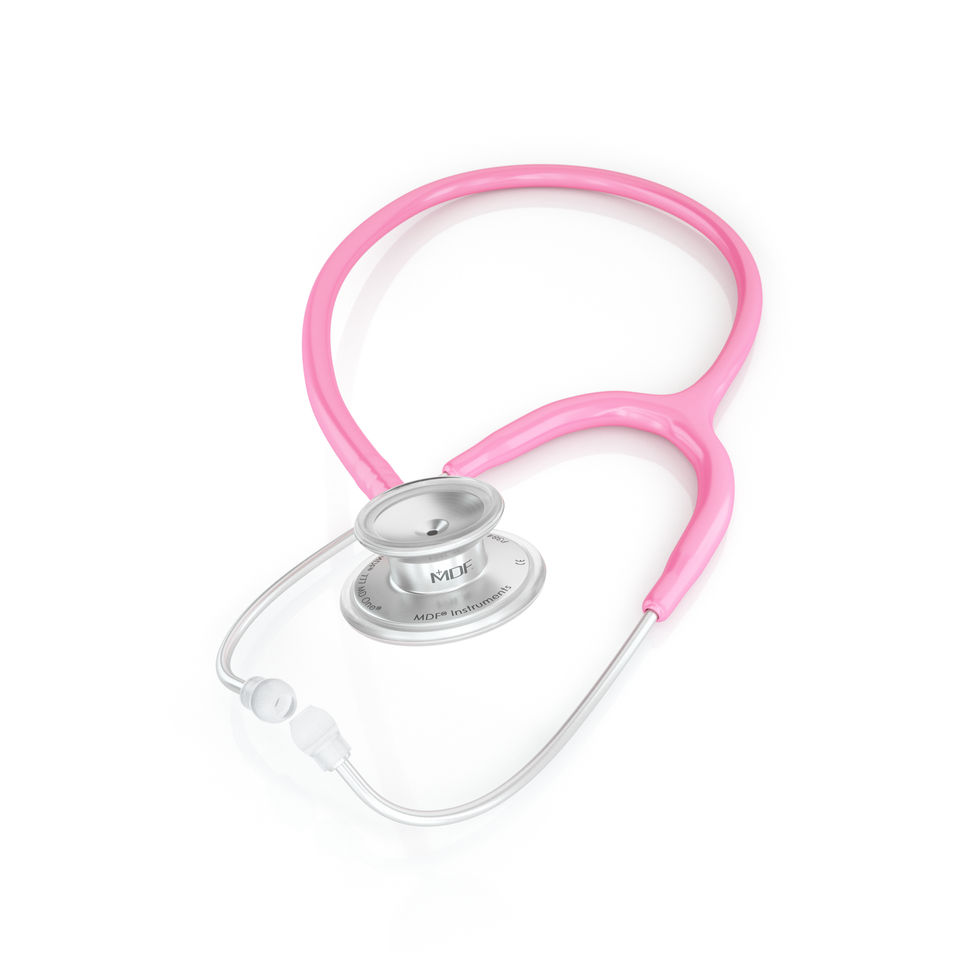 Pink MD One® Adult Stethoscope by MDF Instruments with flexible tubing and dual-sided chest piece, designed for medical professionals.