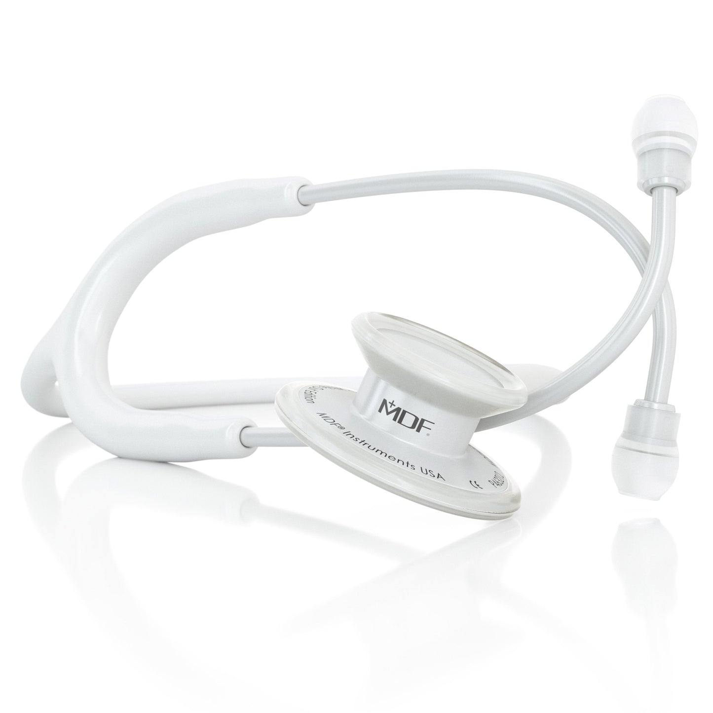 White MD One® adult stethoscope by MDF Instruments with white tubing and chest piece, designed for medical professionals.
