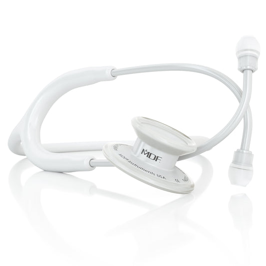 White MD One® adult stethoscope by MDF Instruments with white tubing and chest piece, designed for medical professionals.