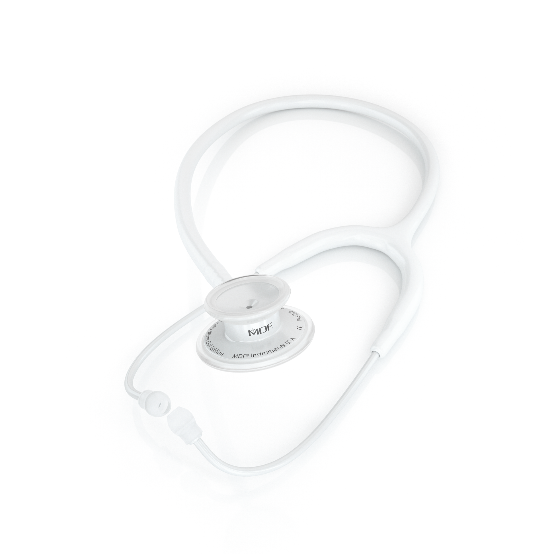 MD One® Adult Stethoscope by MDF Instruments, white and whiteout design, with dual-head chest piece and flexible tubing.