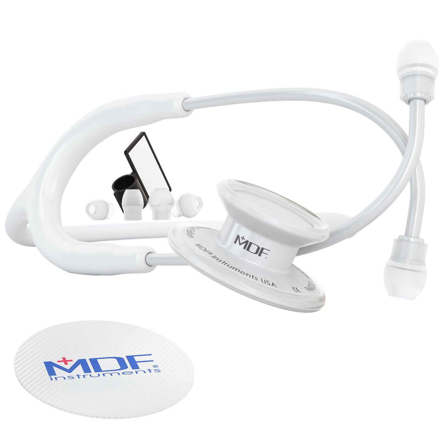 White MD One® adult stethoscope by MDF Instruments with white tubing and chest piece, shown on a plain background.