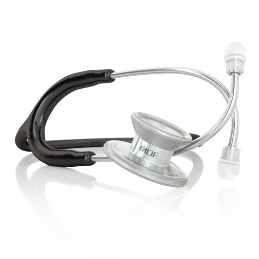 Black MD One® Epoch® Titanium adult stethoscope with dual head chest piece and flexible tubing by MDF Instruments.