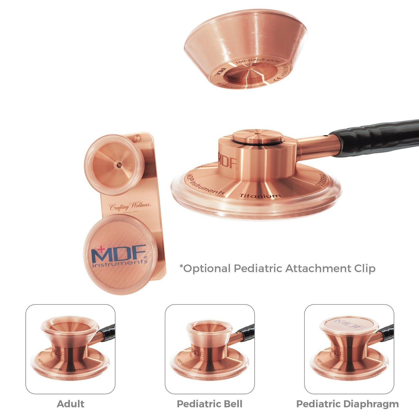 Black and rose gold MD One® Epoch® Titanium adult stethoscope with pediatric attachment clip by MDF Instruments.