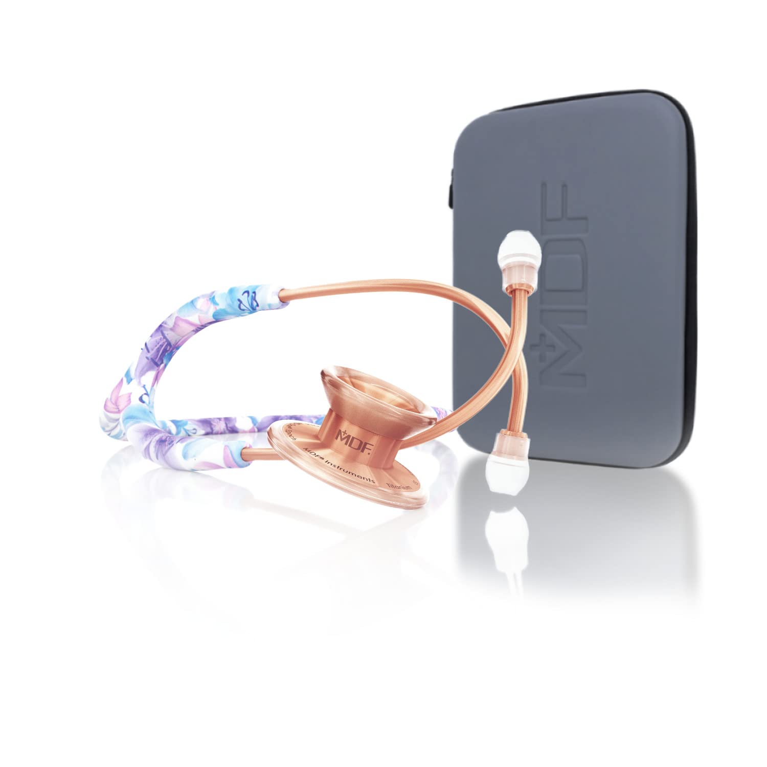 MD One® Epoch® Titanium adult stethoscope in Monet and Rose Gold with travel case, featuring dual-head chest piece and adjustable tubing.