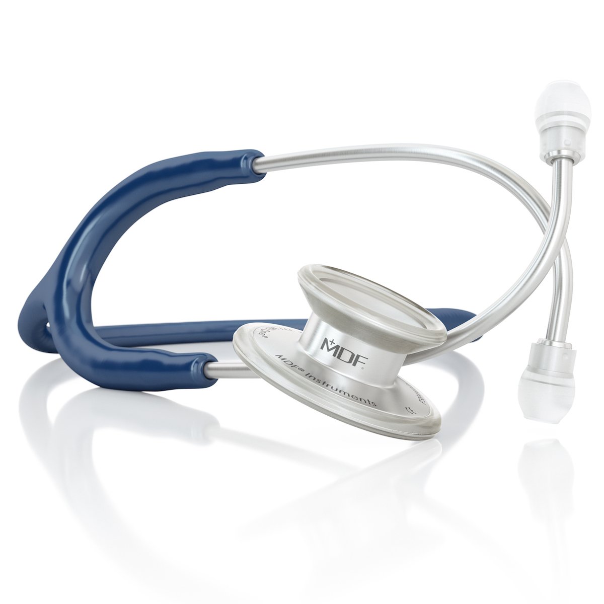 MD One Epoch Titanium adult stethoscope by MDF Instruments in navy blue with flexible tubing and dual head chest piece.
