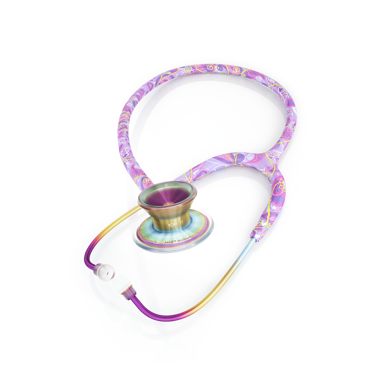 MD One® Epoch® Titanium adult stethoscope by MDF Instruments with yellow tubing and dual-head chest piece.