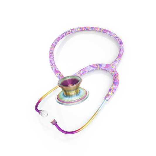 MD One® Epoch® Titanium adult stethoscope by MDF Instruments with yellow tubing and dual-head chest piece.