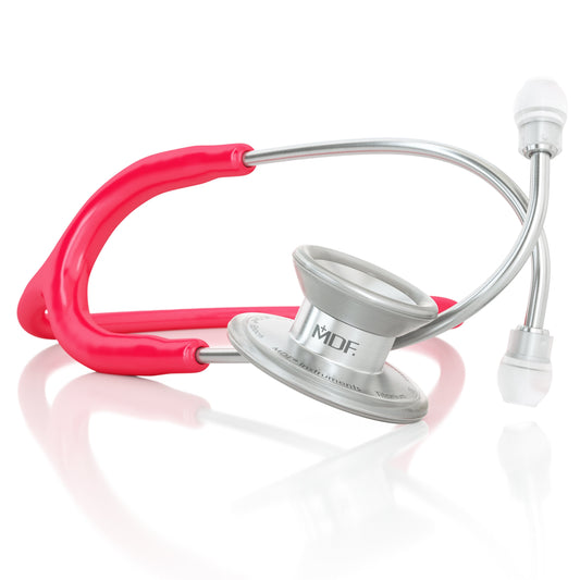 MD One® Epoch® titanium adult stethoscope in raspberry color with flexible tubing and stainless steel chest piece.