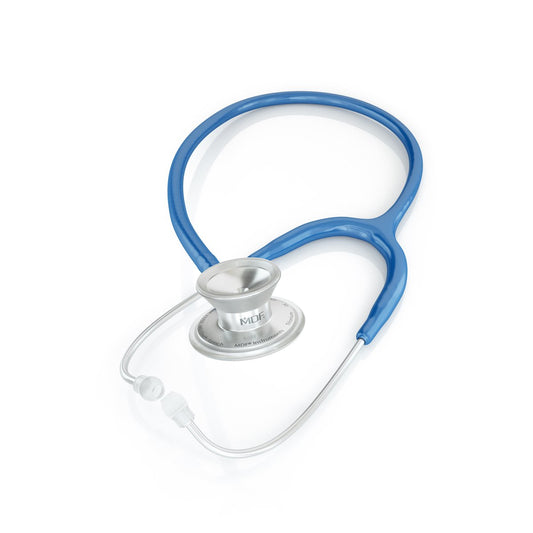 Royal blue MD One Epoch titanium adult stethoscope by MDF Instruments, featuring flexible tubing and dual-head chest piece.