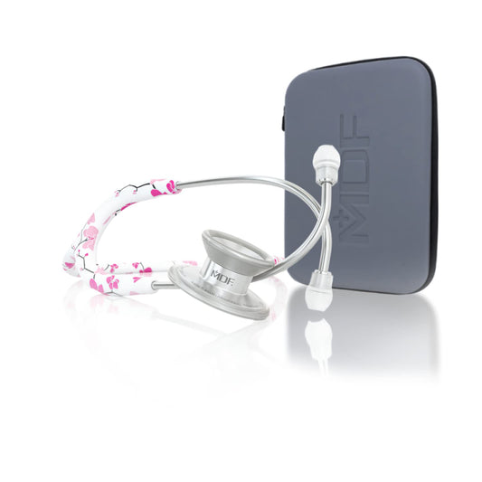 MDF Instruments MD One Epoch Titanium adult stethoscope in Sakura color with travel case, featuring dual-head chest piece and flexible tubing.