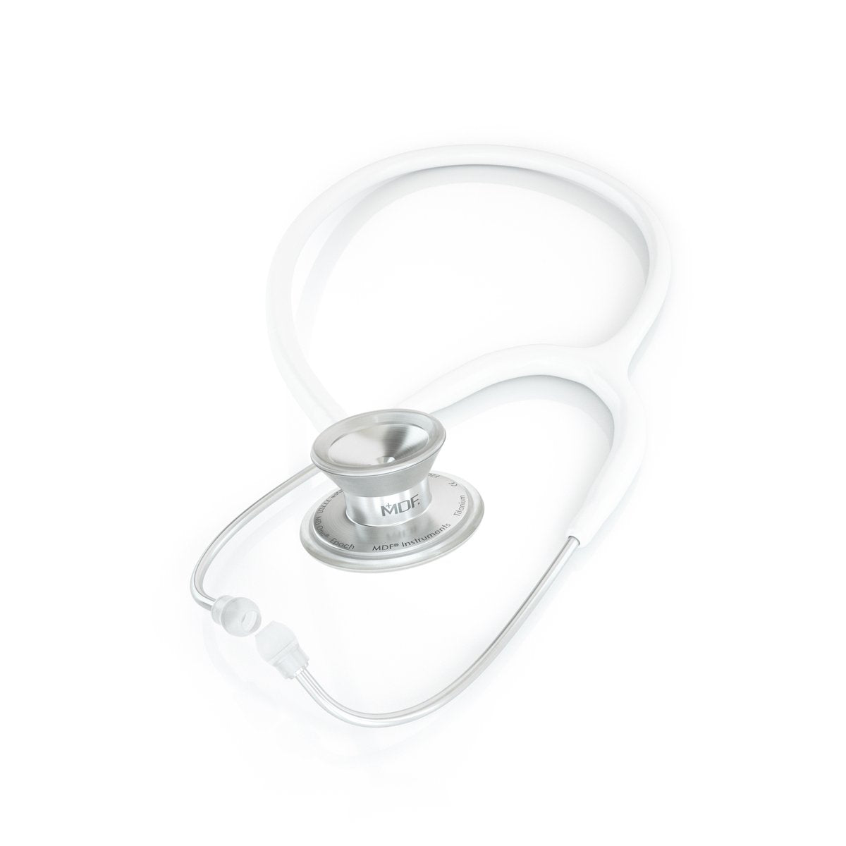 White MD One® Epoch® Titanium adult stethoscope by MDF Instruments with dual head and flexible tubing.