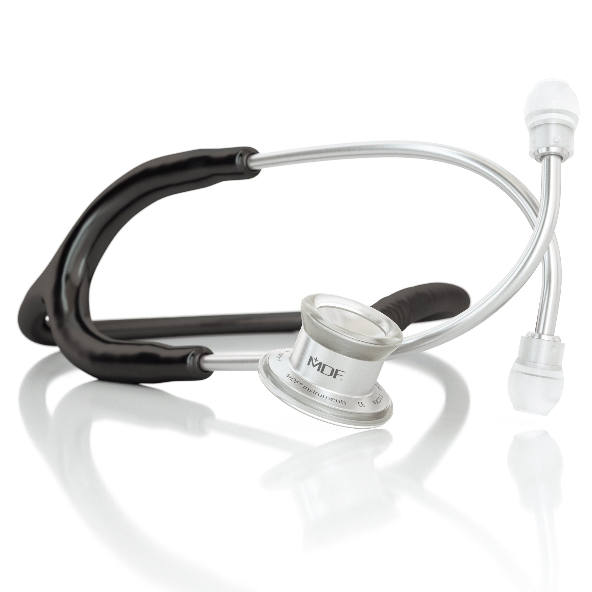 Black MD One® infant stethoscope from MDF Instruments, featuring soft eartips and a lightweight design for pediatric auscultation.