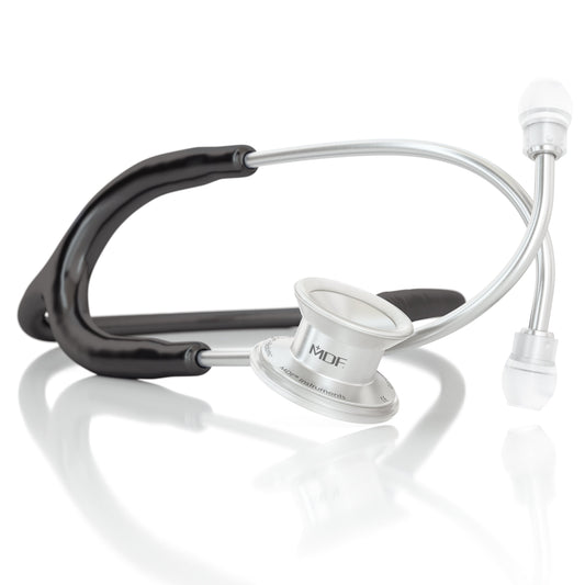 Black MD One® Pediatric Stethoscope by MDF Instruments with dual head and adjustable earpieces for accurate pediatric auscultation.