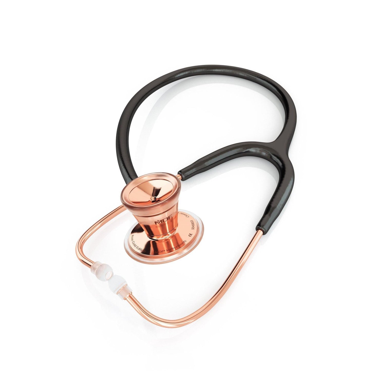 Black and rose gold ProCardial adult cardiology stethoscope by MDF Instruments, with flexible tubing and dual-head chest piece.