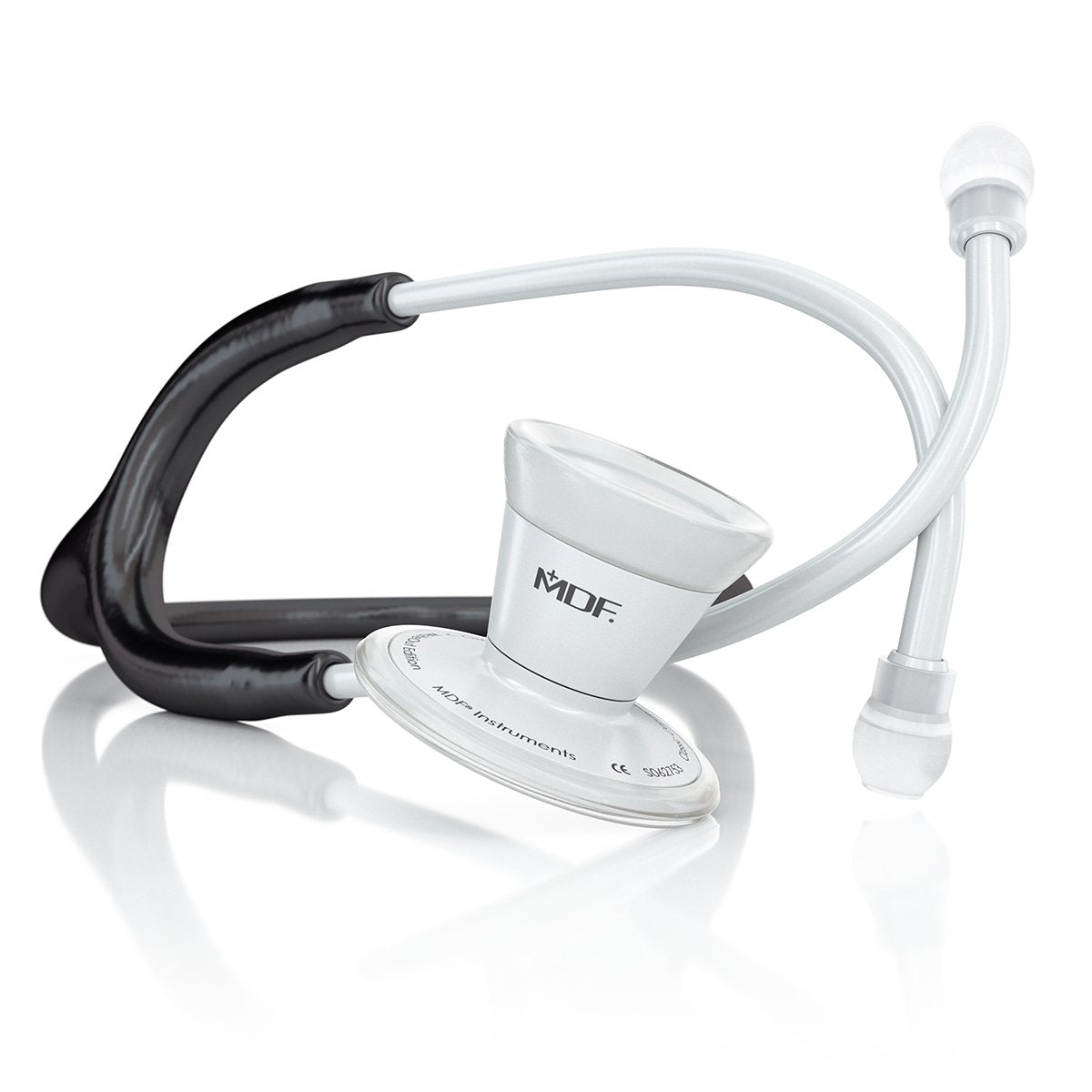 Black and white MDF ProCardial adult cardiology stethoscope with chest piece and tubing for medical examination and auscultation.