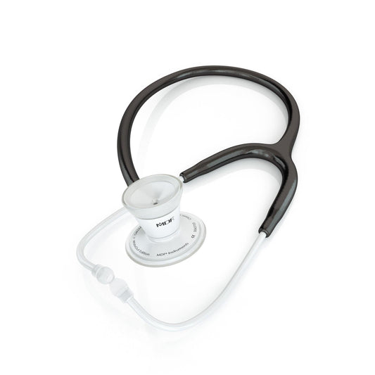 MDF Instruments ProCardial adult cardiology stethoscope with black and whiteout tubing and chest piece for medical exams