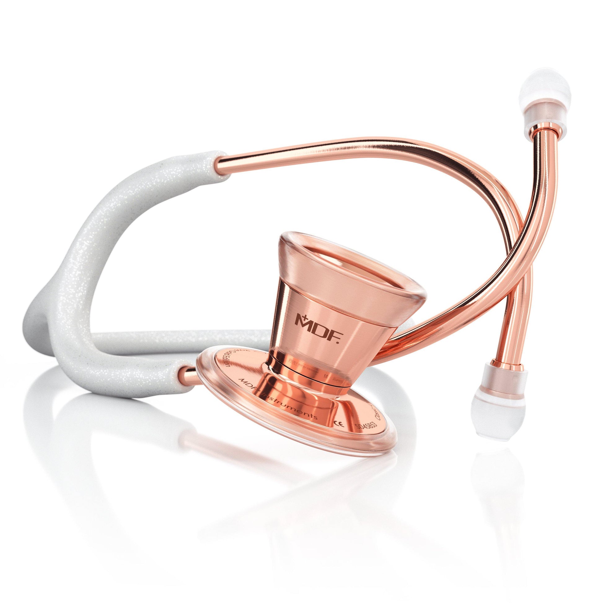 MDF Instruments ProCardial adult cardiology stethoscope in white glitter with rose gold accents, featuring dual-head chest piece and flexible tubing.