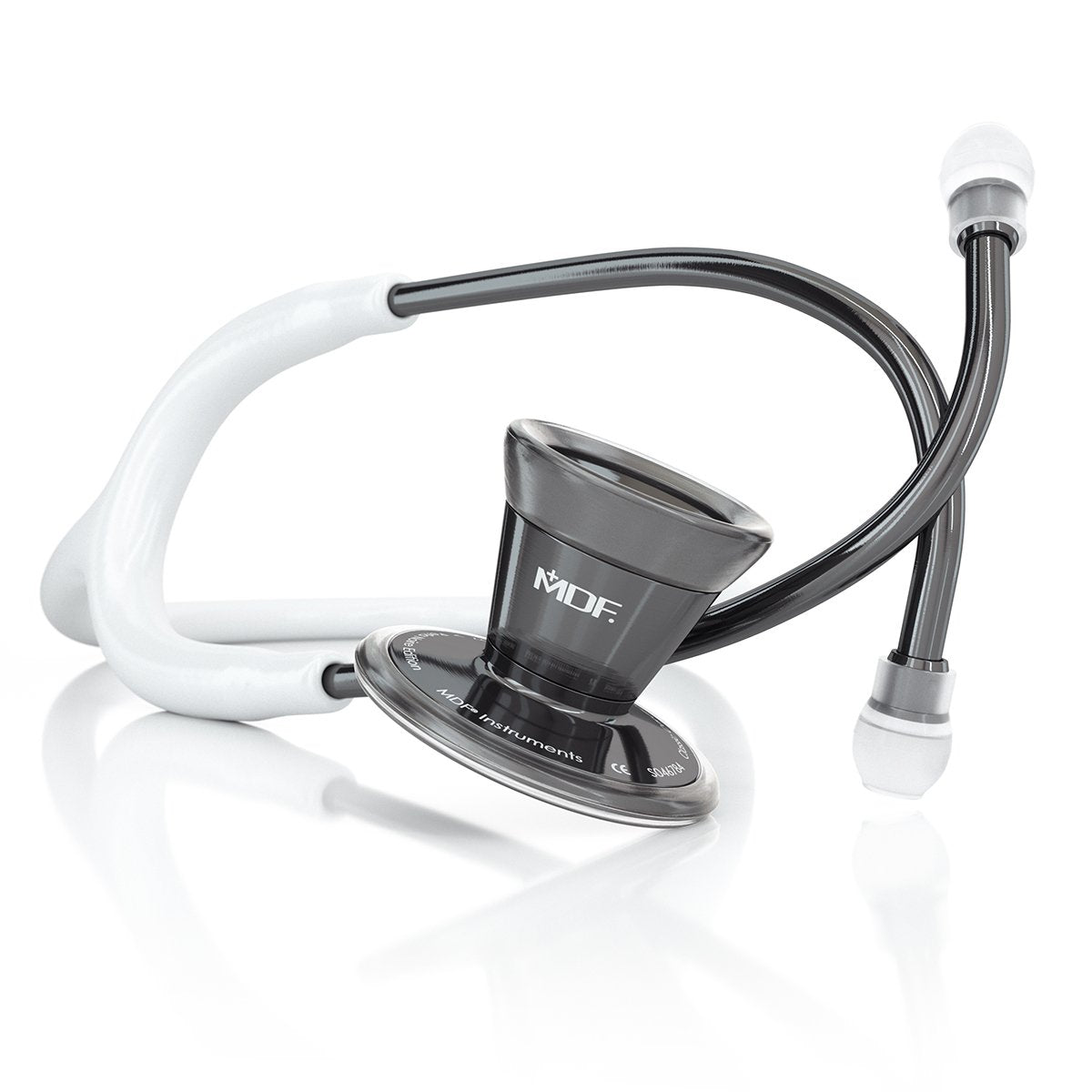 White and Perla Noire MDF ProCardial adult cardiology stethoscope with dual-head chest piece and flexible tubing.