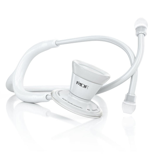 White MDF Instruments ProCardial adult cardiology stethoscope with dual head and comfortable eartips, designed for medical professionals.