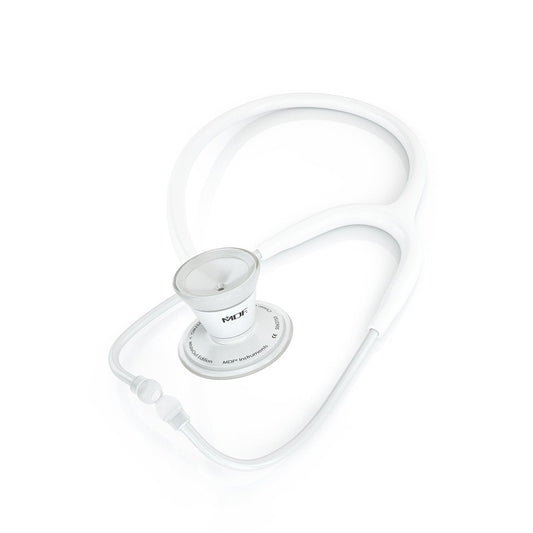 MDF ProCardial® adult cardiology stethoscope in white with white tubing, designed for accurate heart and lung auscultation.