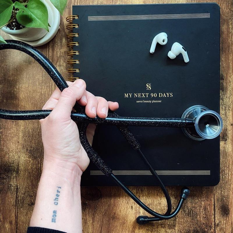 MDF Instruments ProCardial Titanium adult cardiology stethoscope in black glitter finish with black tubing and a protective case.