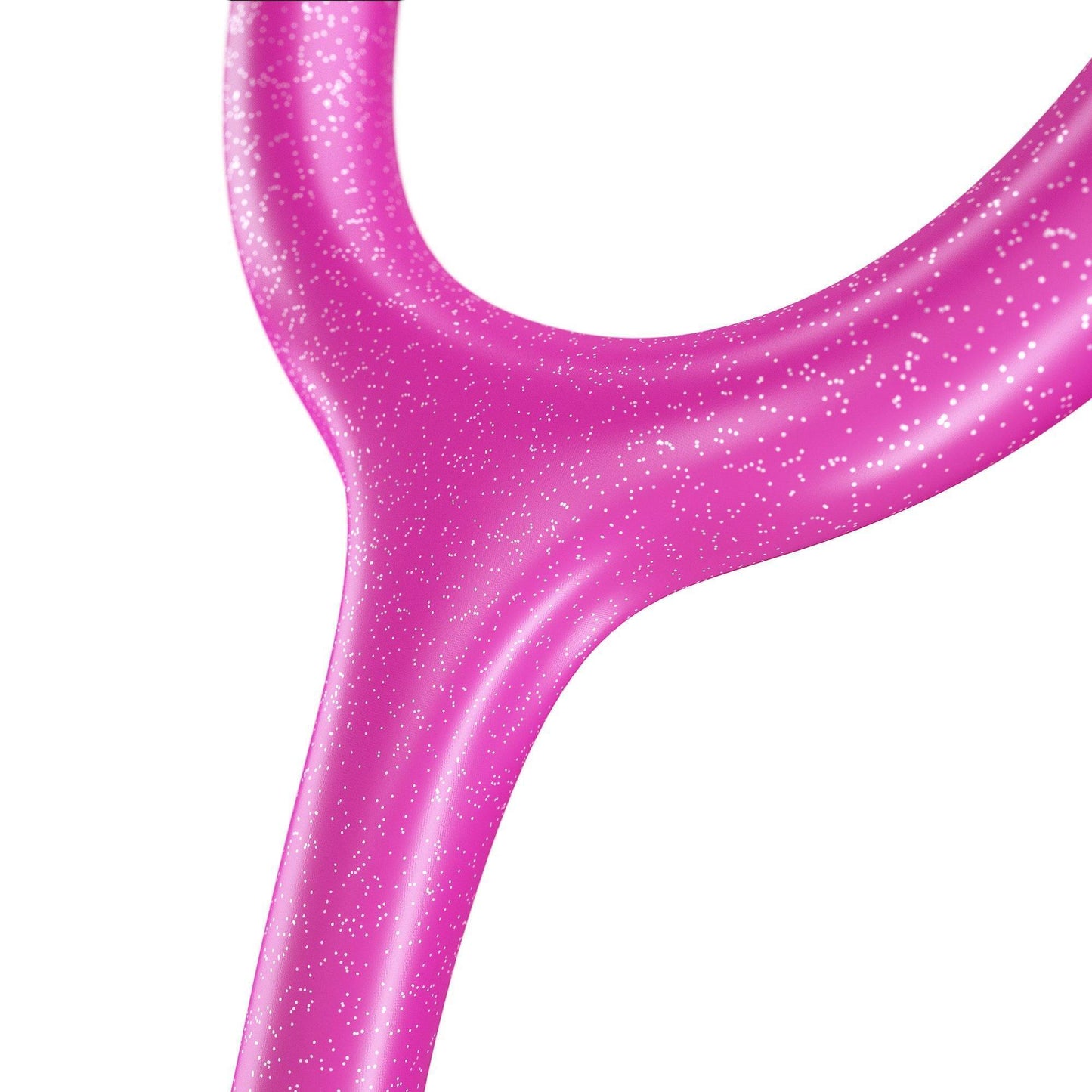 Bright pink glitter MDF ProCardial titanium adult cardiology stethoscope with kaleidoscope tubing and carrying case.