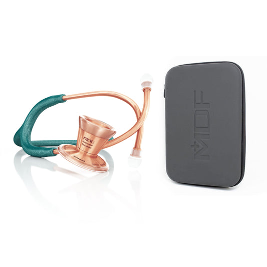 ProCardial Titanium adult cardiology stethoscope in green glitter with rose gold accents and carrying case by MDF Instruments