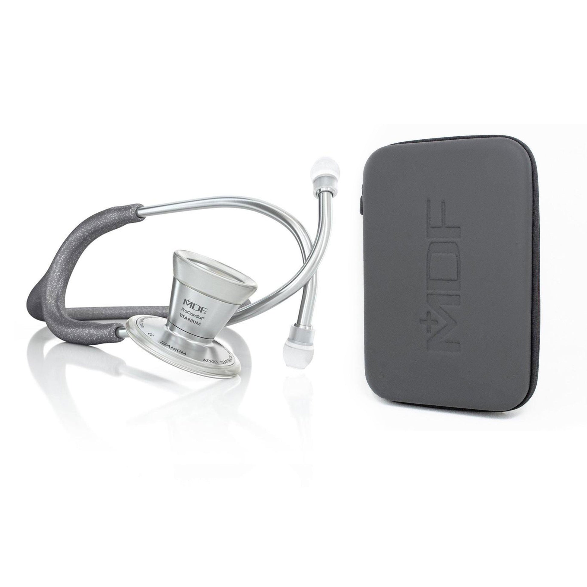 ProCardial titanium adult cardiology stethoscope in grey glitter with case, by MDF Instruments, showing the stethoscope and accessories.