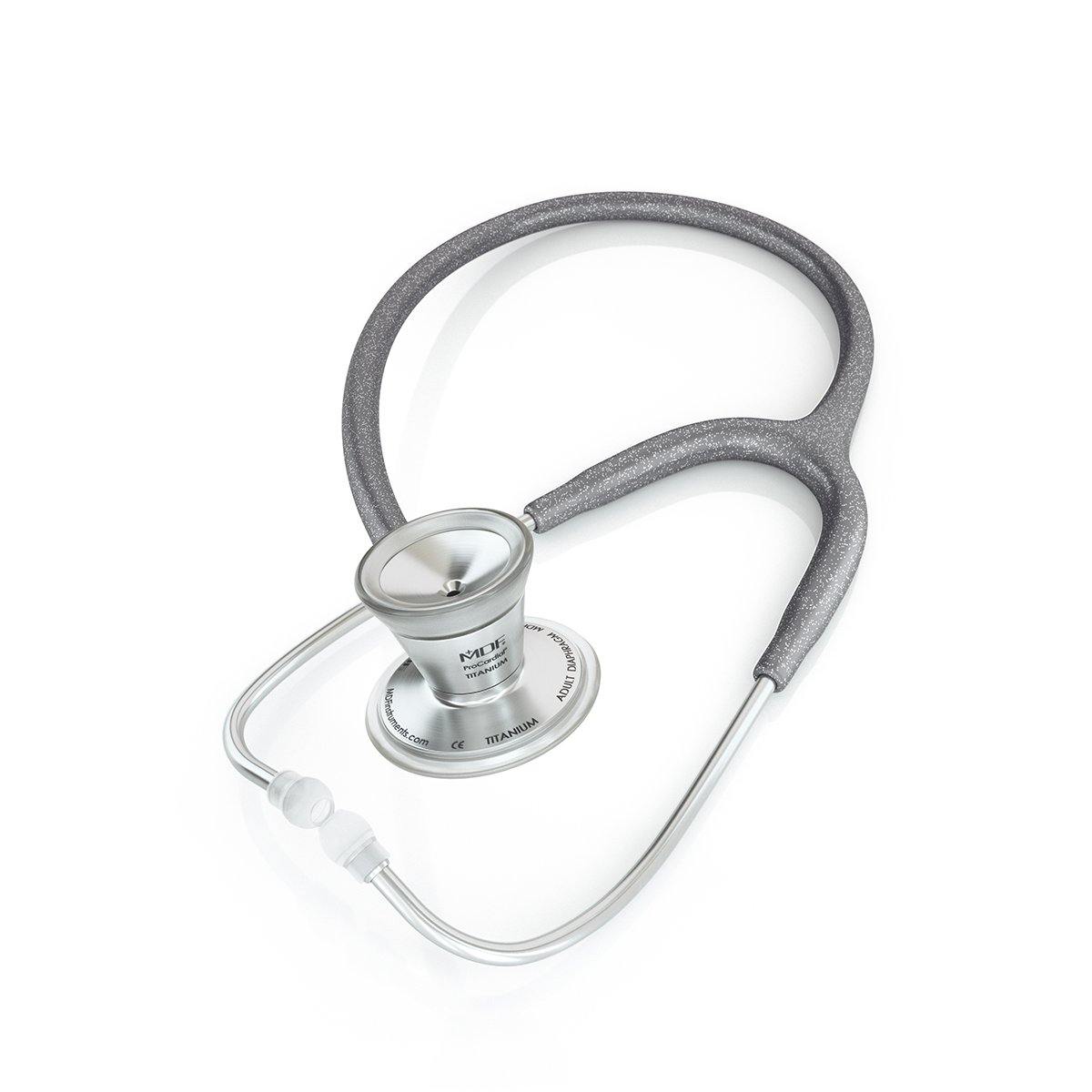 Grey glitter MDF Instruments ProCardial Titanium adult cardiology stethoscope with case, showing its head and flexible tubing.