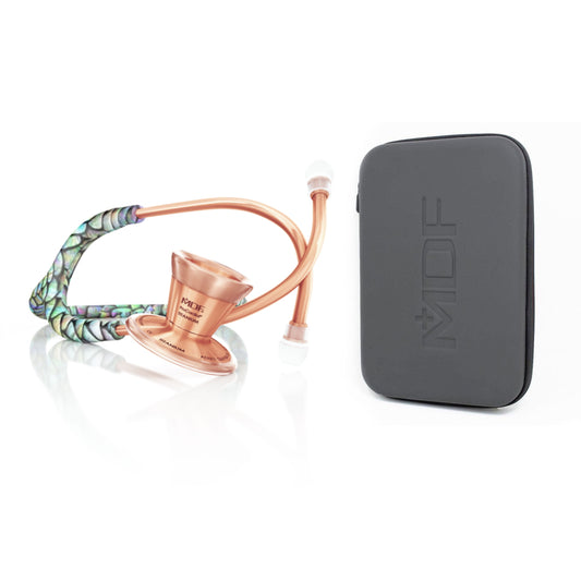 MDF Instruments ProCardial® titanium adult cardiology stethoscope in mermaid and rose gold with carrying case, showing the chest piece and tubing.