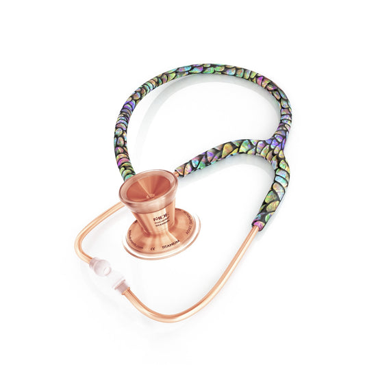 MDF Instruments ProCardial Titanium Cardiology Stethoscope in Rose Gold with Mermaid design and carrying case.