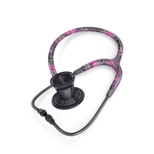 ProCardial Titanium adult cardiology stethoscope by MDF Instruments in Muddy Girl and BlackOut with carrying case, shown in close-up.