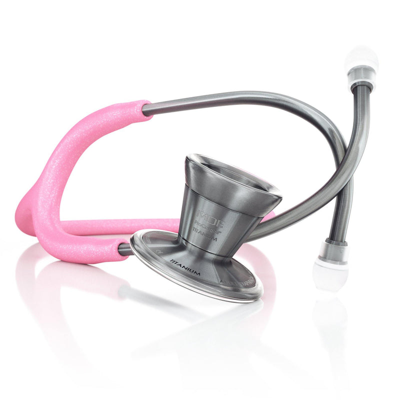 MDF Instruments ProCardial® Titanium adult cardiology stethoscope with light pink glitter tubing and metalika chest piece, with case.