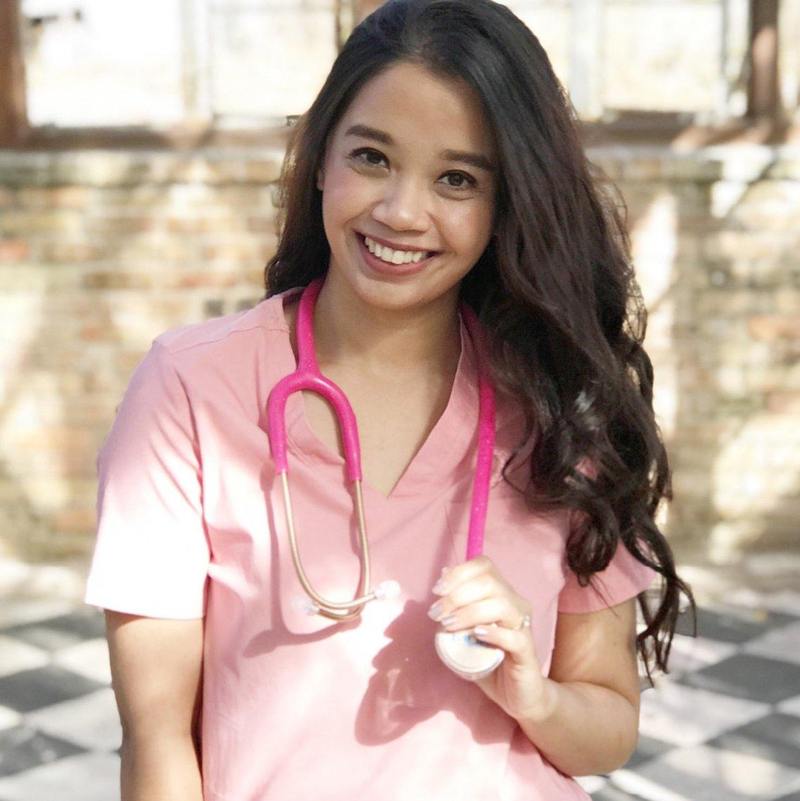Pink glitter MDF Instruments ProCardial titanium adult cardiology stethoscope with rose gold accents and matching case, shown on a flat surface.