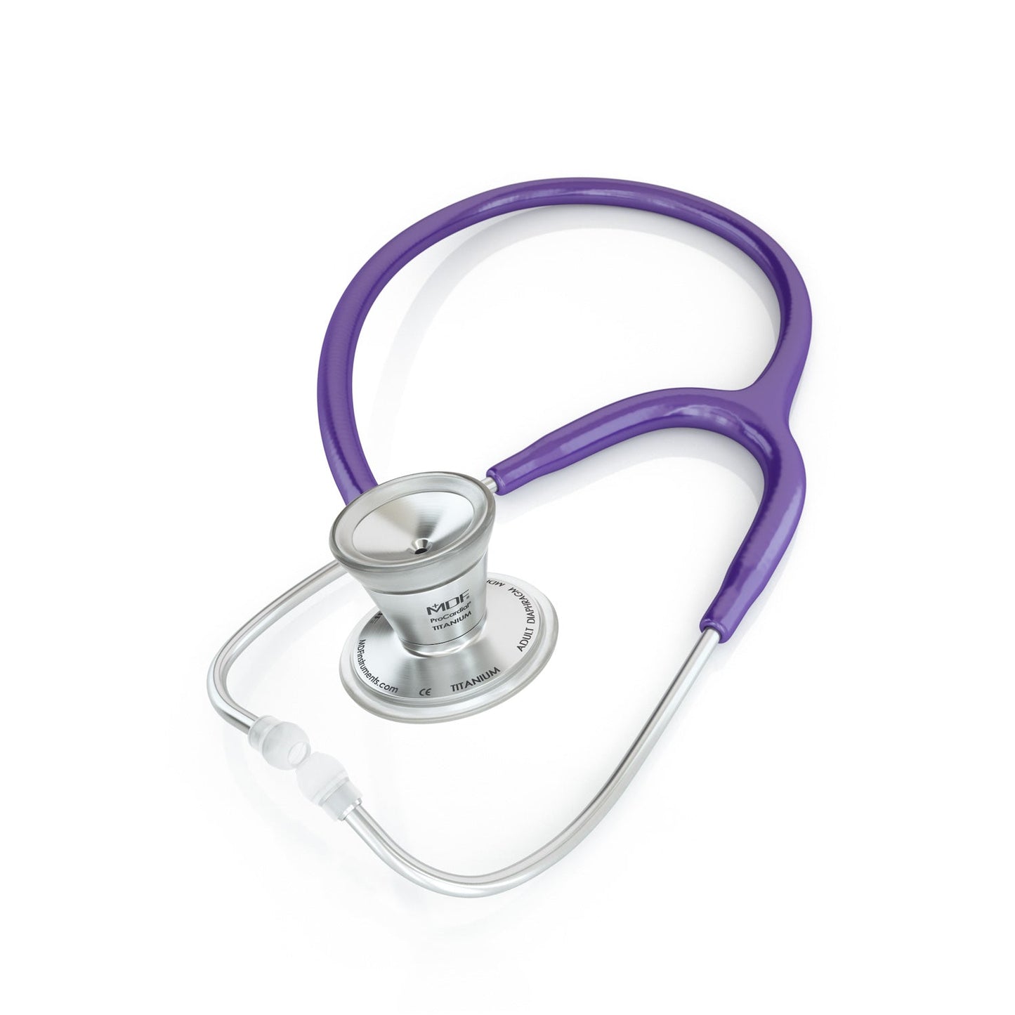 Purple ProCardial® Titanium adult cardiology stethoscope by MDF Instruments with dual head and ergonomic eartips.
