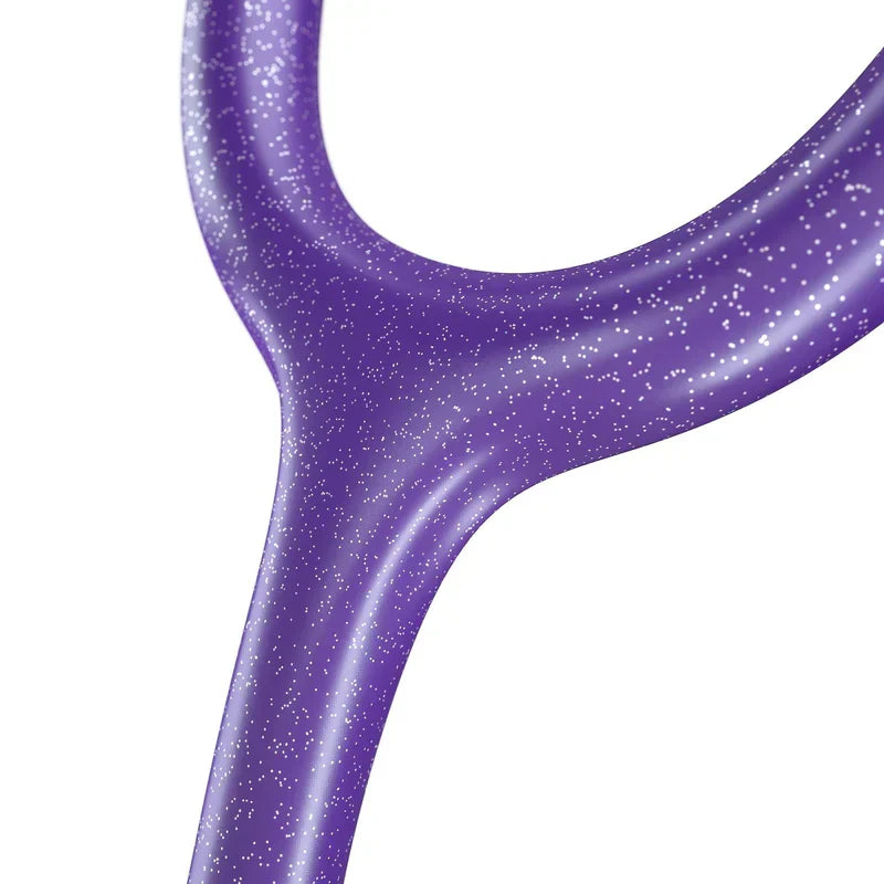 MDF Instruments ProCardial Titanium adult cardiology stethoscope in purple glitter/kaleidoscope pattern with case, designed for medical professionals.