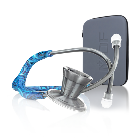 MDF Instruments ProCardial Titanium adult cardiology stethoscope with Starry Night and Metalika finishes, shown with carrying case.